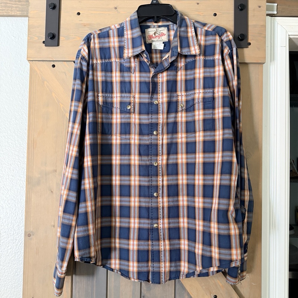 Wrangler American Cowboys Mens XL Blue Orange Plaid Pearl Snap Western Shirt